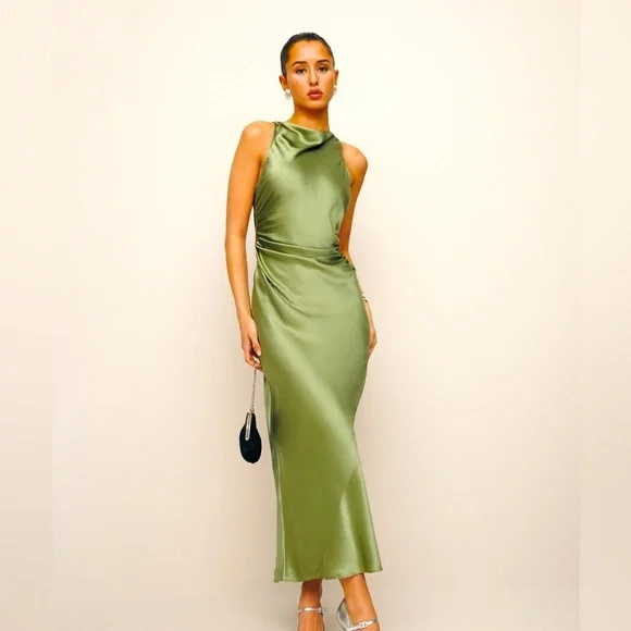 Reformation Casette Silk Dress, Artichoke Brand New - Picture 1 of 7